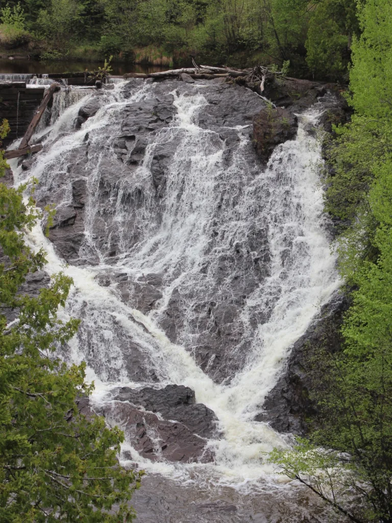 A view of Eagle River, WI with many waterfalls in the background