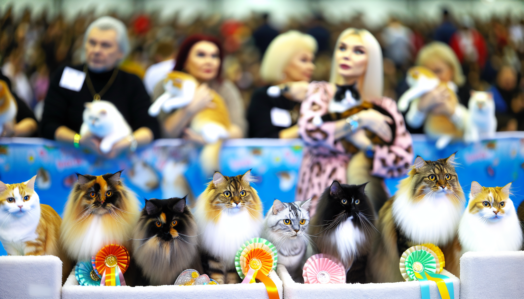 Non-pedigree and pedigree pets participating in a cat show